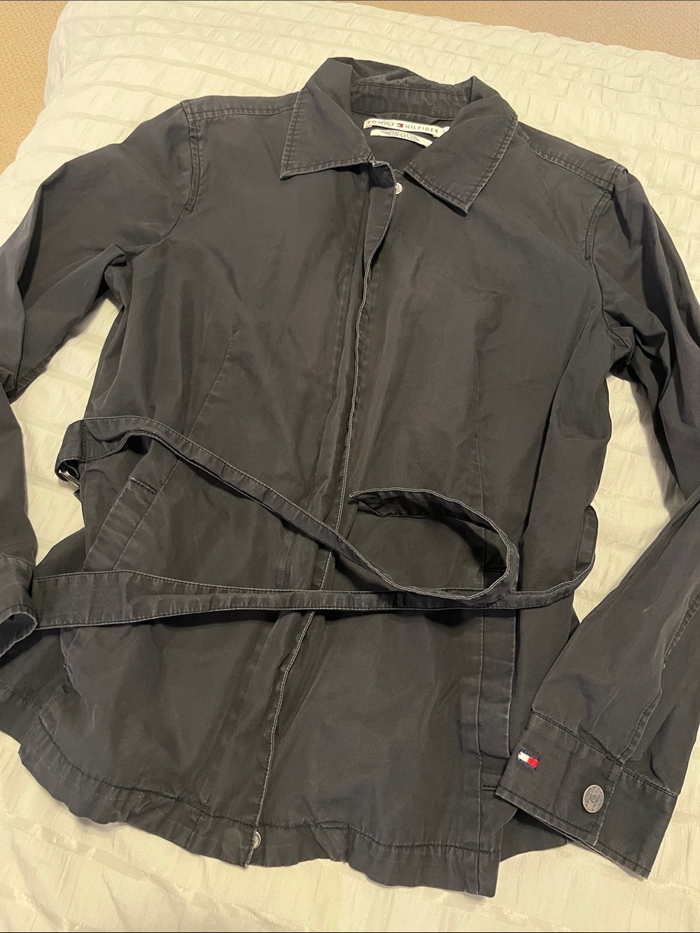 Tommy Hilfiger Women's Black Utility Jacket with Waist Tie Coat Large